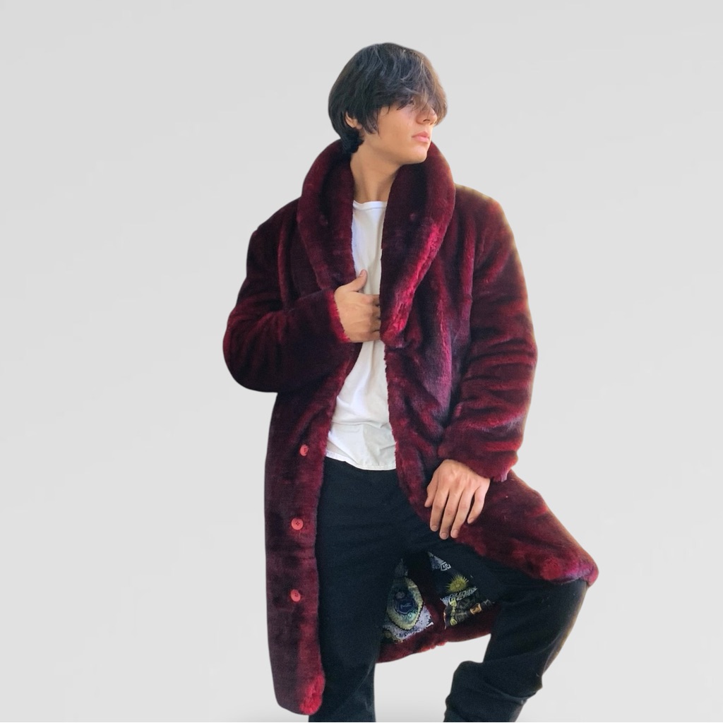 Men's Burgundy Faux Fur Winter Casual Overcoat Nwt